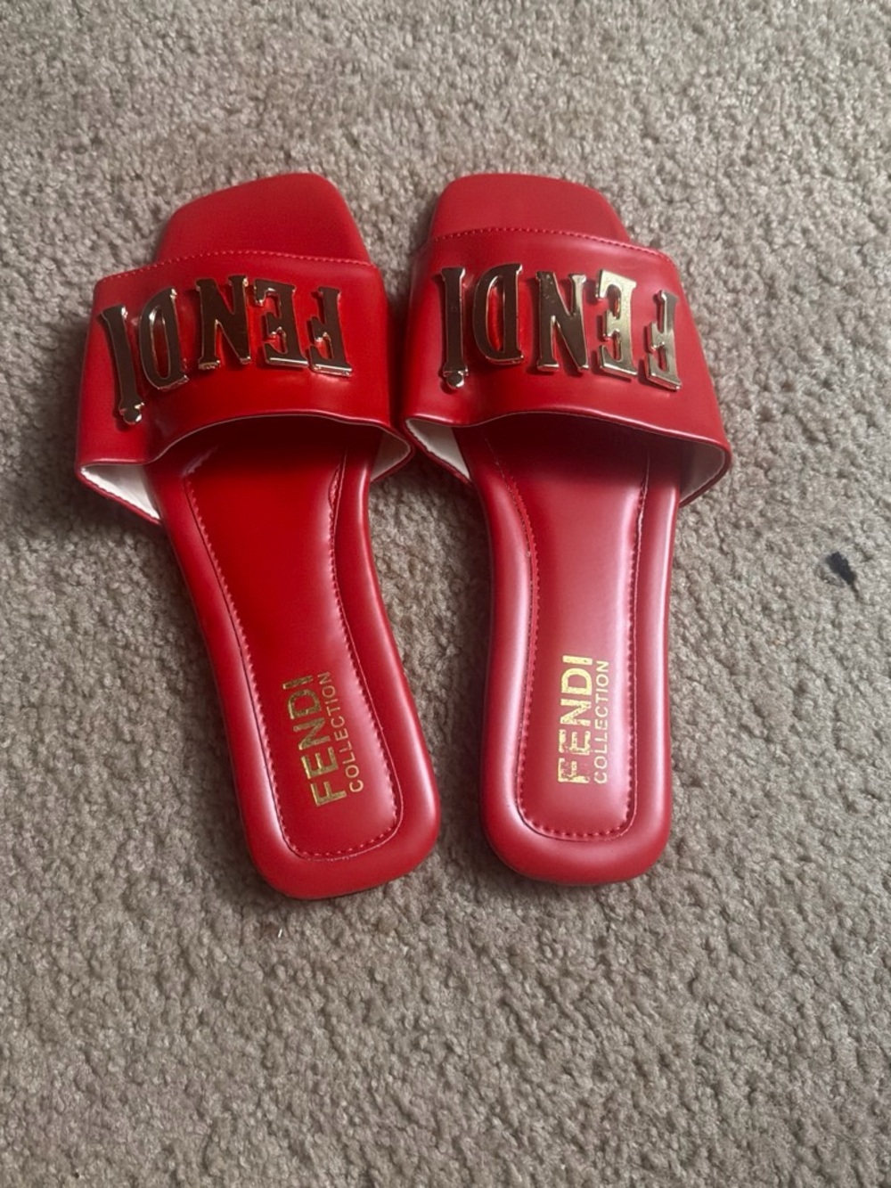Fendi Red Leather Slide Sandals with Gold Logo Hardware